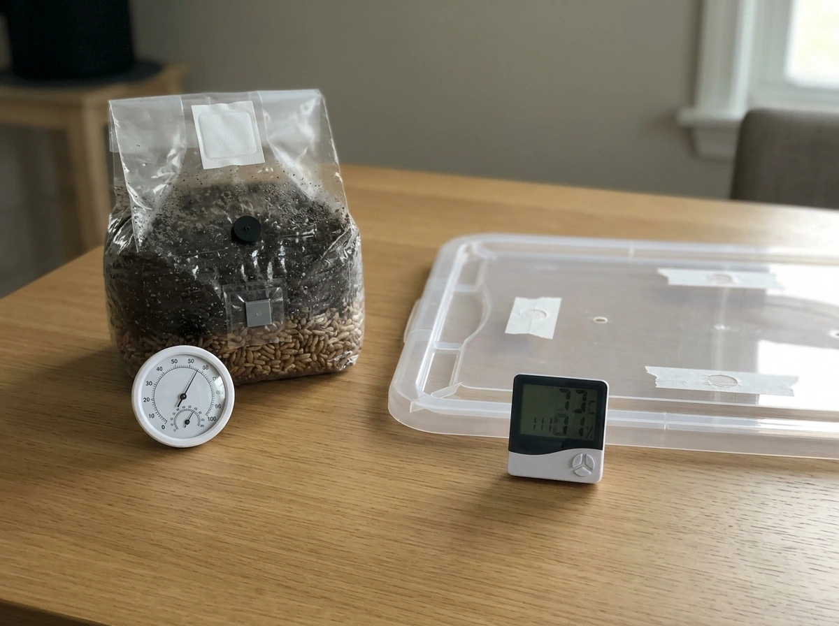 Checklist-style decision tools: stopwatch/thermometer/hygrometer beside bag and bin