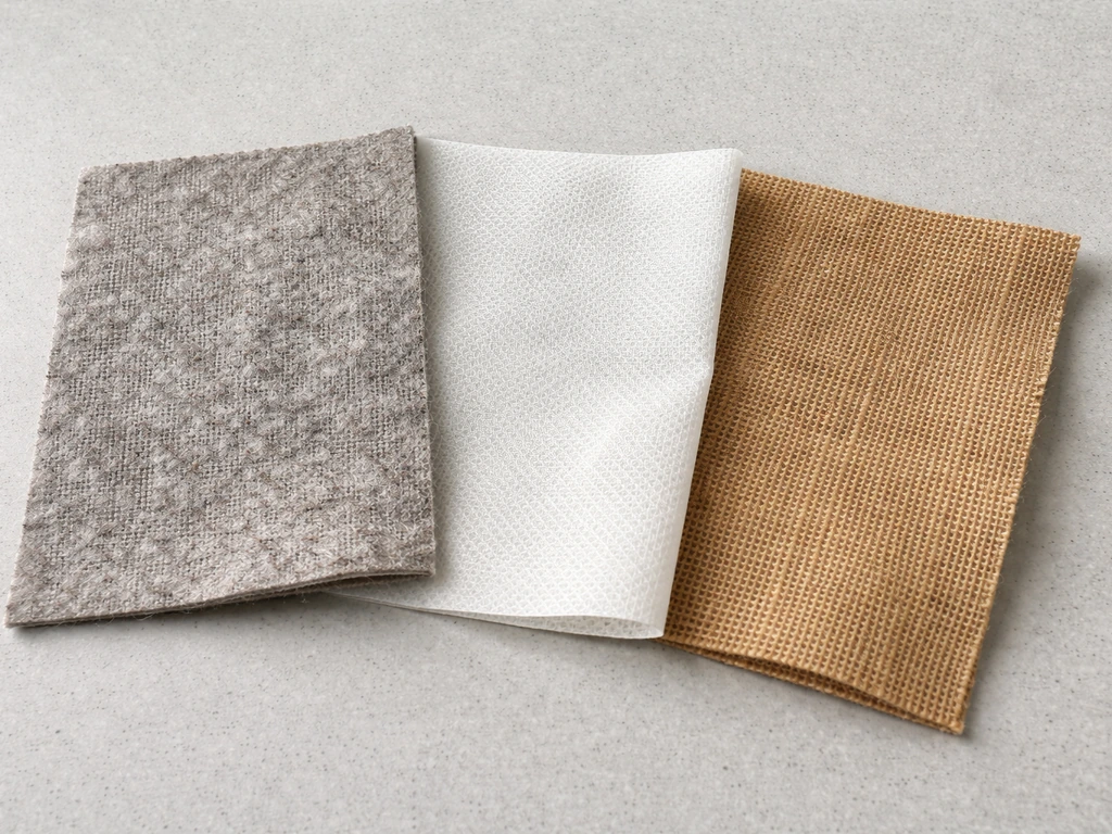 Three fabric grow-bag material swatches—recycled felt, polypropylene nonwoven, and natural jute/cotton—side by side.