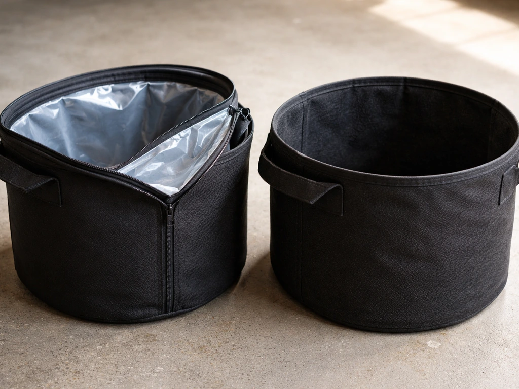 Two grow bags side by side, one showing a plastic-lined interior and the other breathable fabric.