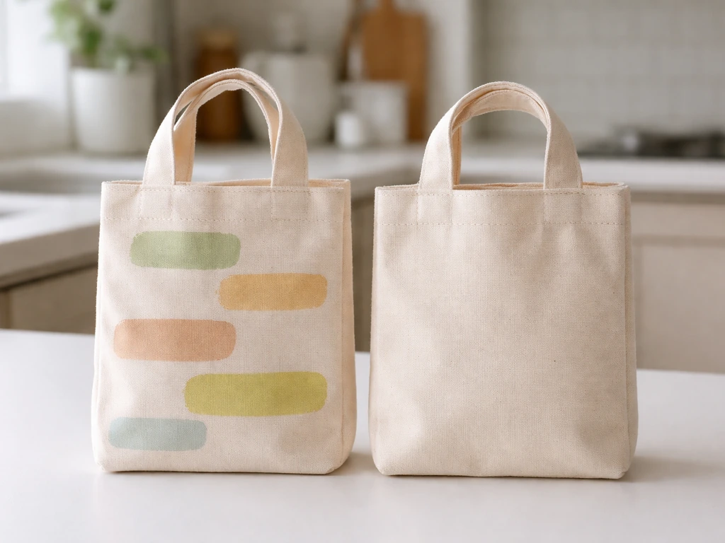 Two side-by-side fabric pouches: one with bold marketing-claim styling, one plain undyed fabric.