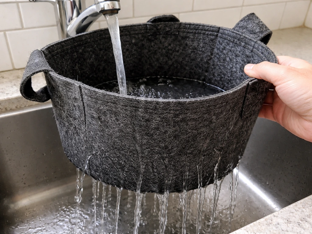 New felt grow bag rinsed under running clean water in a kitchen sink, water passing through the fabric.