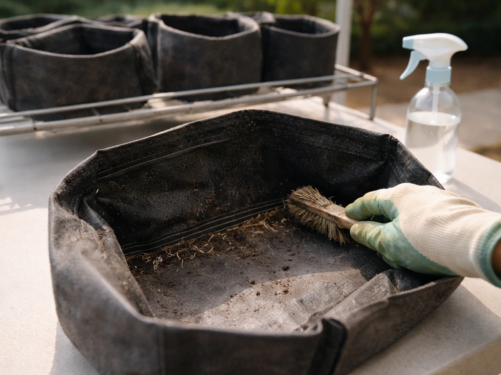 Gardening grow bags turned inside out with root debris brushed off, drying rack in background.