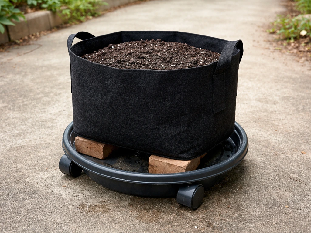 Grow bag on a caddy elevated on bricks with a visible water tray underneath.