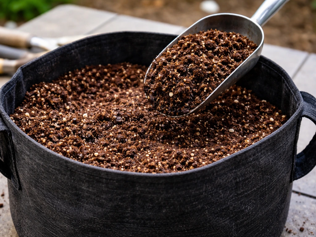 Close-up of a fabric grow bag filled with moist homemade potting mix showing rich compost and airy texture.