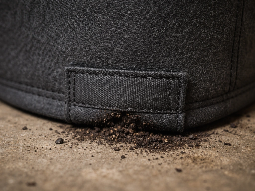 Close-up of a grow bag seam with soil leaking, showing a fresh fabric patch to stop the tear.