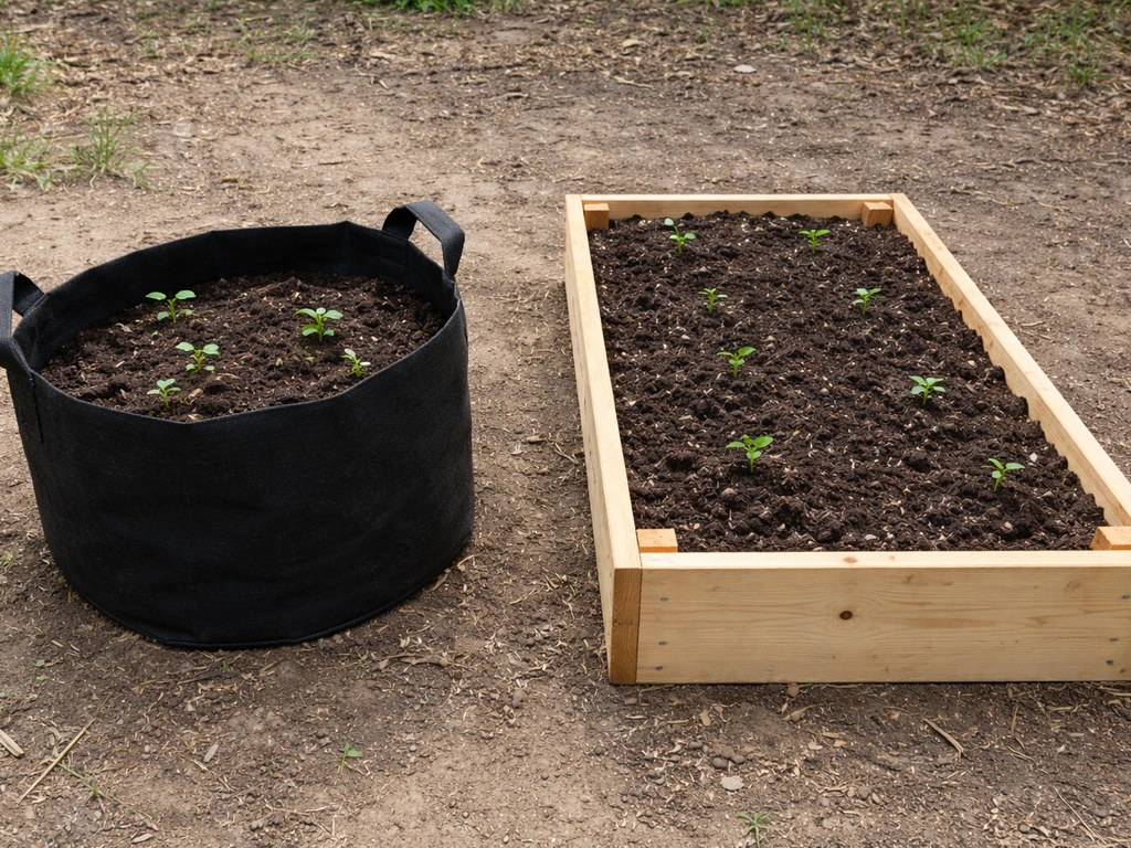 Side-by-side fabric grow bags and a wood raised bed filled with soil and small seedlings.