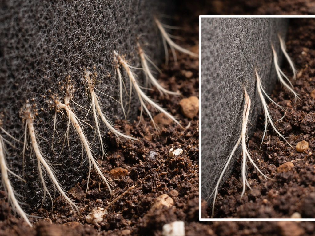 Macro view of fabric grow-bag roots air-pruning at the porous wall with branching near the fabric.