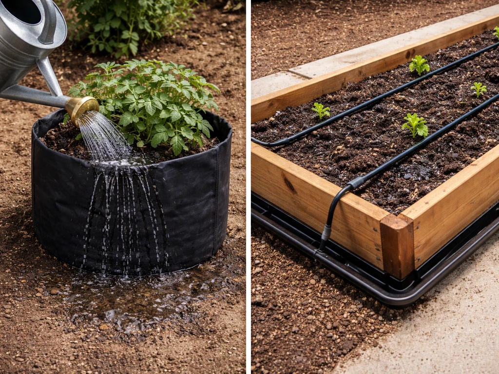 Close photo of a grow bag being watered with a watering can and a raised bed with drip lines, showing runoff vs steady s