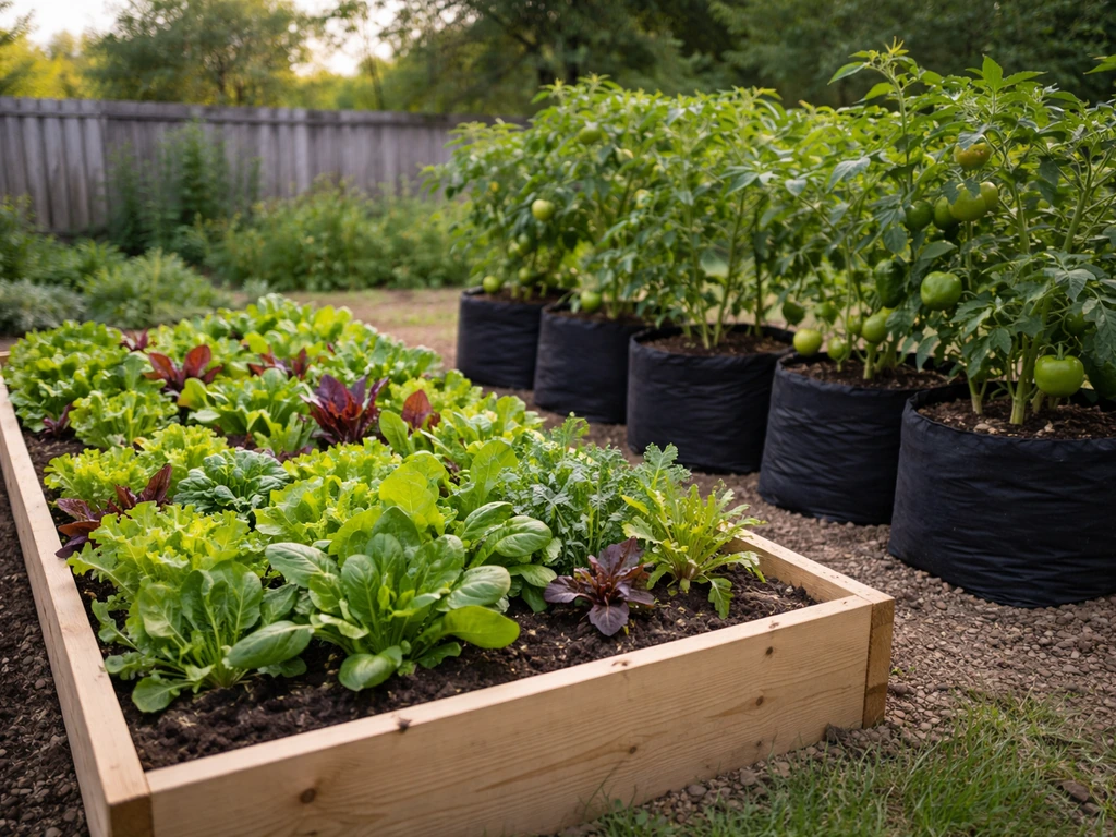Raised garden bed with mixed leafy greens beside grow bags thriving with tomatoes and peppers
