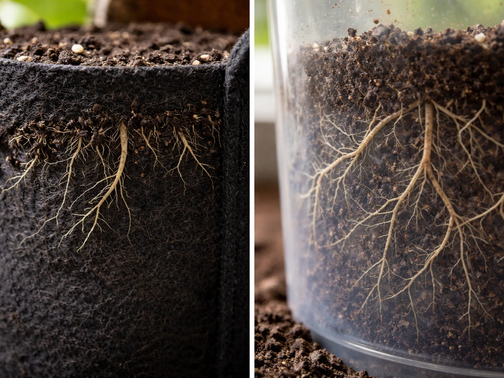 Close-up roots: air-pruning in a grow bag versus roots redirected along a solid bucket wall.