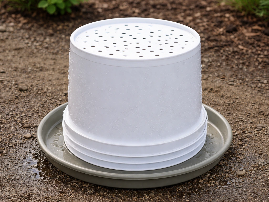 5-gallon bucket on a tray with evenly spaced drainage holes across the entire bottom outdoors
