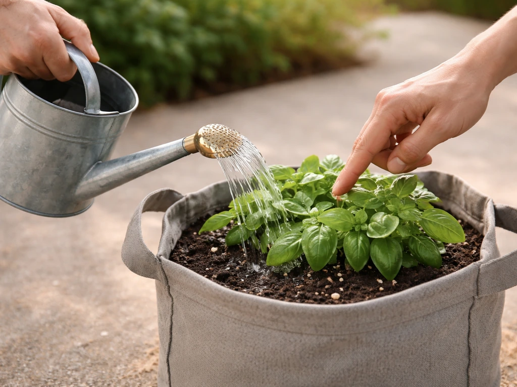 Hand using watering can on a grow bag, with moist soil check implied by finger near the surface