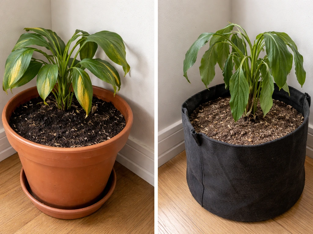 Split scene of potted plants: one with yellow wilting leaves from soggy soil, one with wilting leaves from dry grow bag