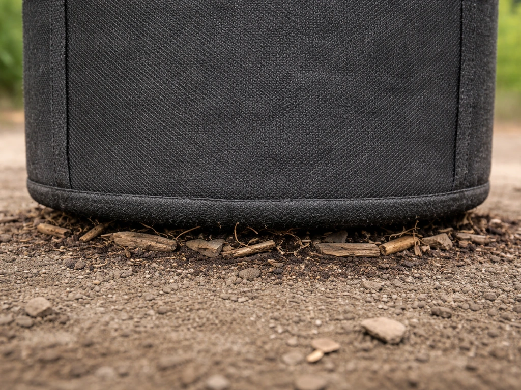 Fabric grow bag sitting on bare soil with a visible air gap and base layer underneath.