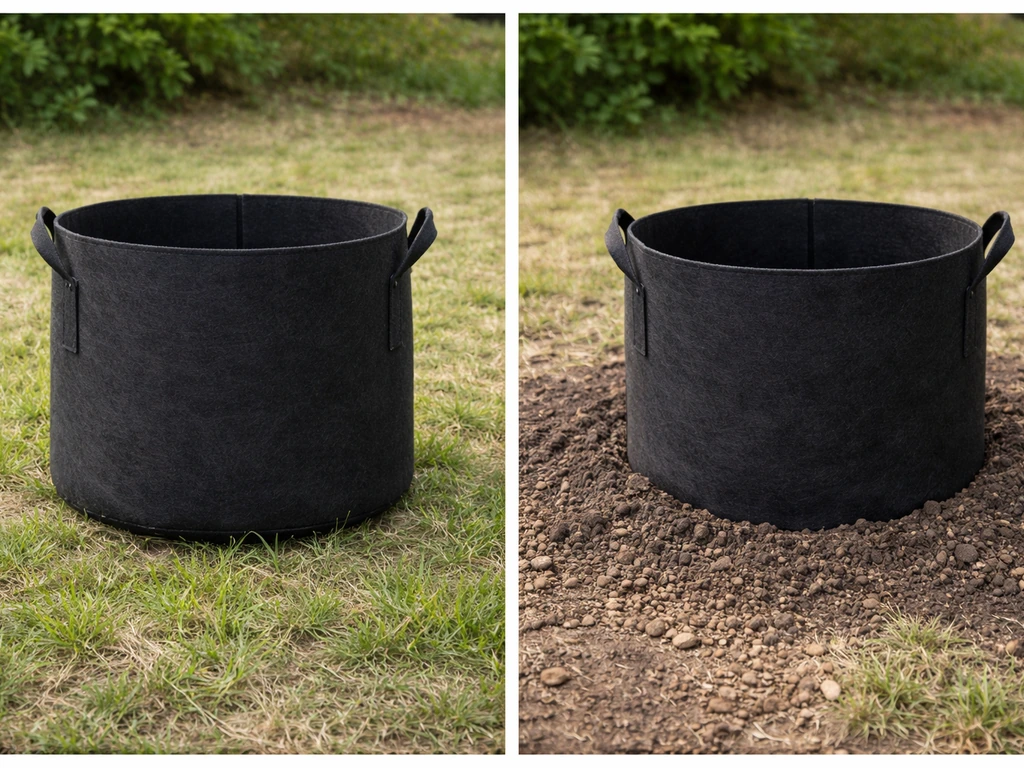 Side-by-side photos of a grow bag on top of grass vs a grow bag set into soil contact.