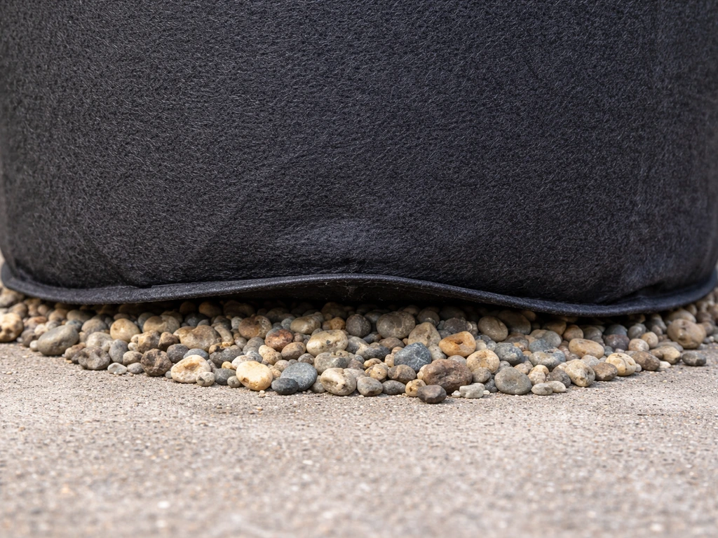 Coarse gravel layer beneath a grow bag showing drainage and an air gap at the bottom