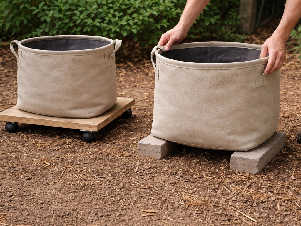 Two grow bags being carefully lowered onto level ground with clear spacing and stable airflow under them.