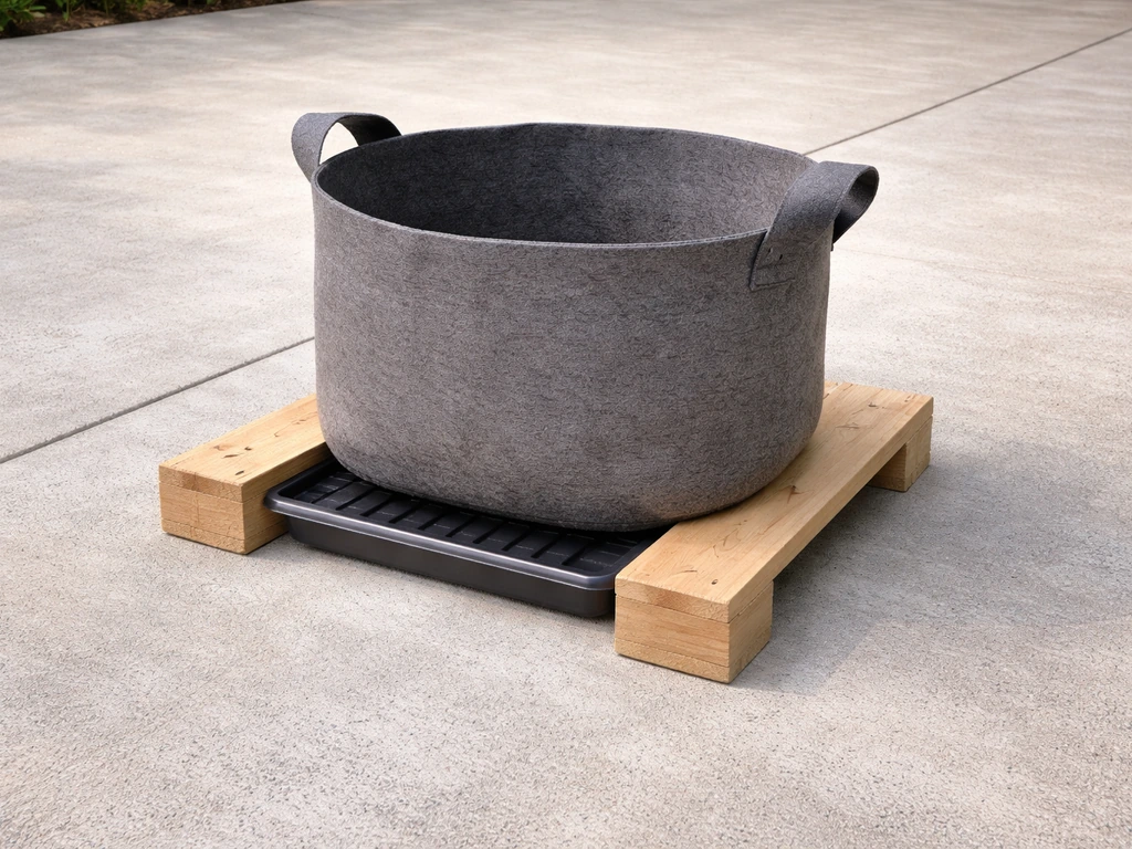 Grow bag elevated on wooden pallet boards over concrete with a simple drip tray beneath.