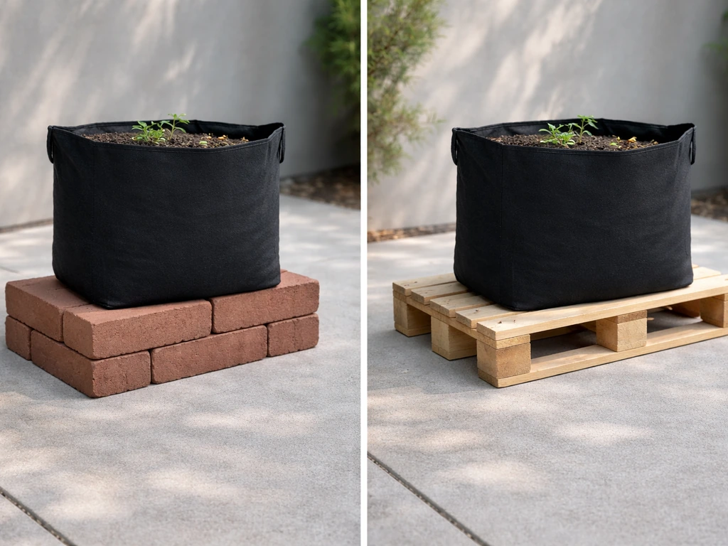 Two beginner riser setups: grow bag on stacked bricks and on a wooden pallet, both elevated on concrete