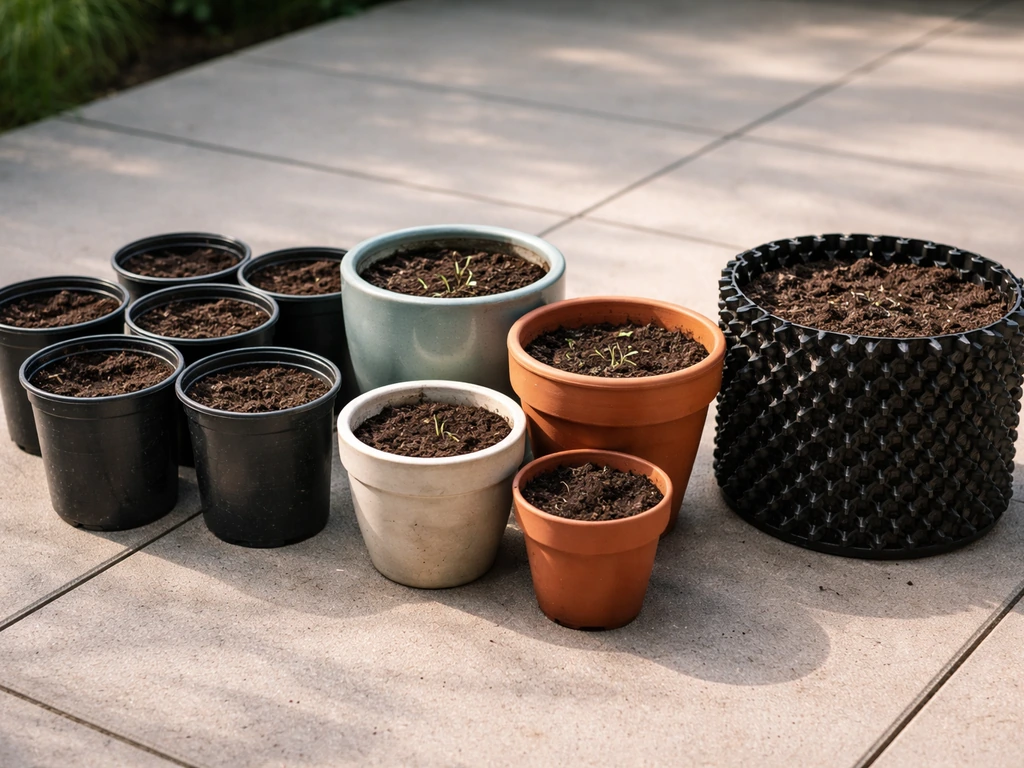 Minimal group of grow bag alternatives: soil-filled plastic nursery pots, terracotta/ceramic herb pots, and an air-pruni