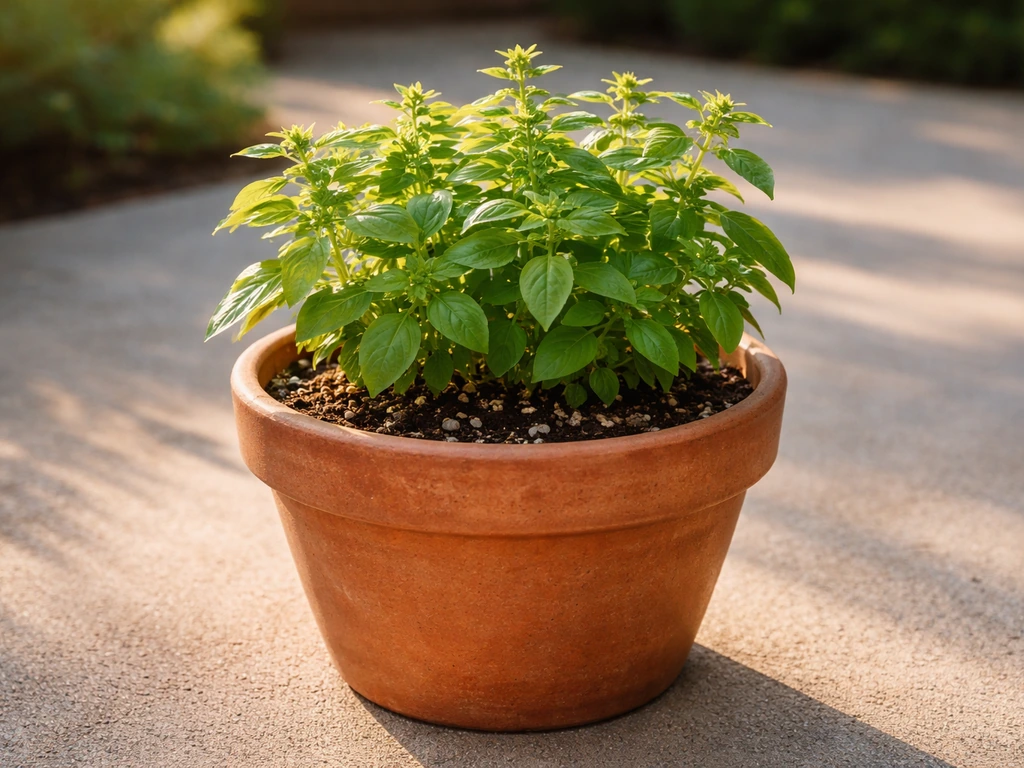 Glazed ceramic pot with lush herbs in bright natural light