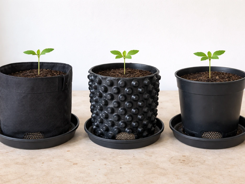 Side-by-side photo of fabric grow bag, air-pruning pot, and solid plastic pot with visible drainage setups.