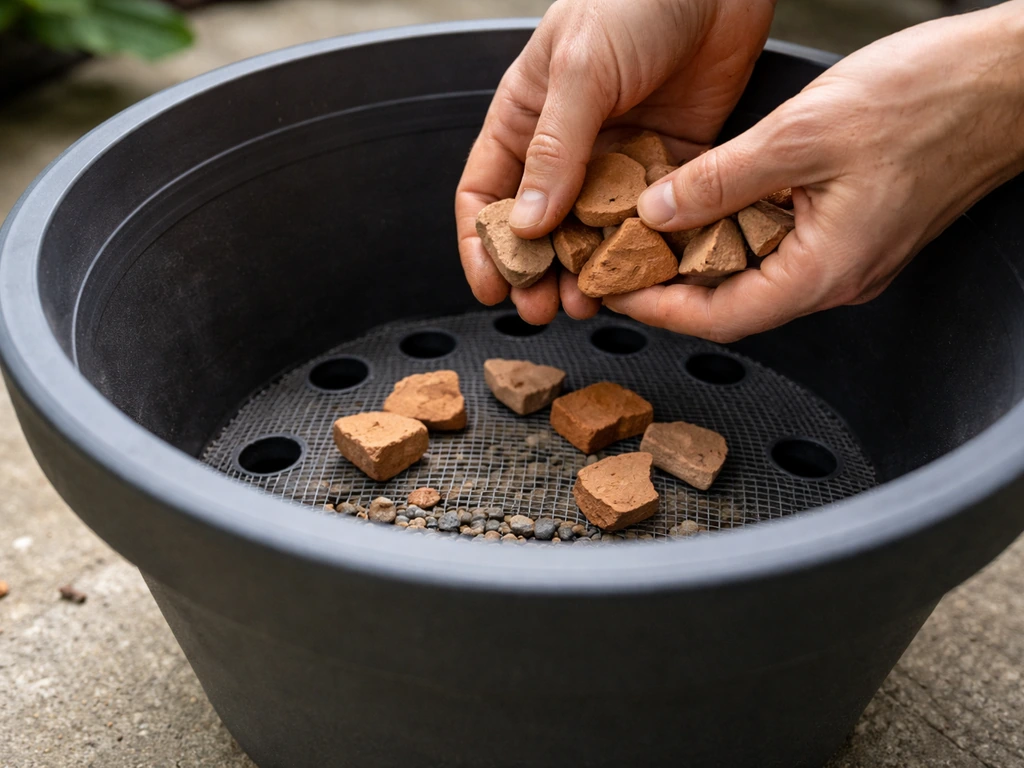 Close-up of pot drainage holes with mesh and crocks preventing blockage during pot setup