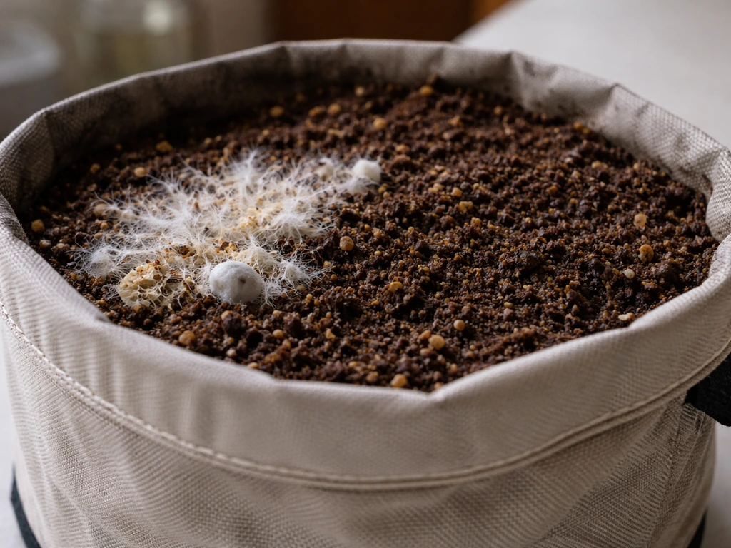 Close-up of a fabric grow bag showing early mycelium on partially colonized substrate and soil texture.