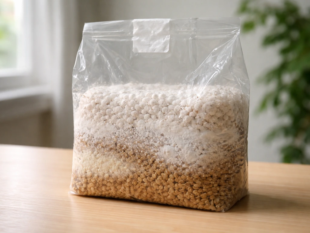 Clear grow bag with varying white mycelium density suggesting when to avoid, shake, or leave it alone.