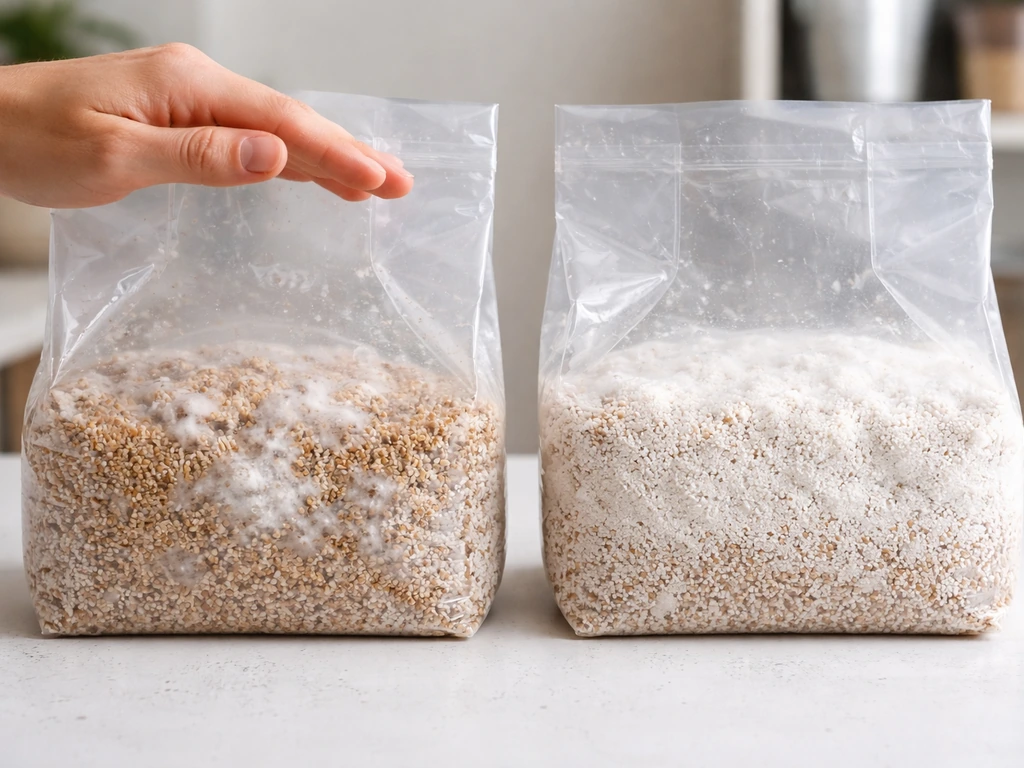 Two clear grow bags: left stalled with sparse growth, right after shake with fuller even mycelium spread.