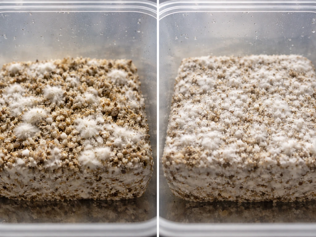 Close-up progression-style comparison of mushroom substrate recovery, showing more uniform white spread after a few days