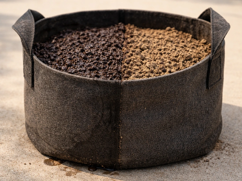 Fabric grow bag showing wet and dried sections after watering, with wet soil texture and visible drips.