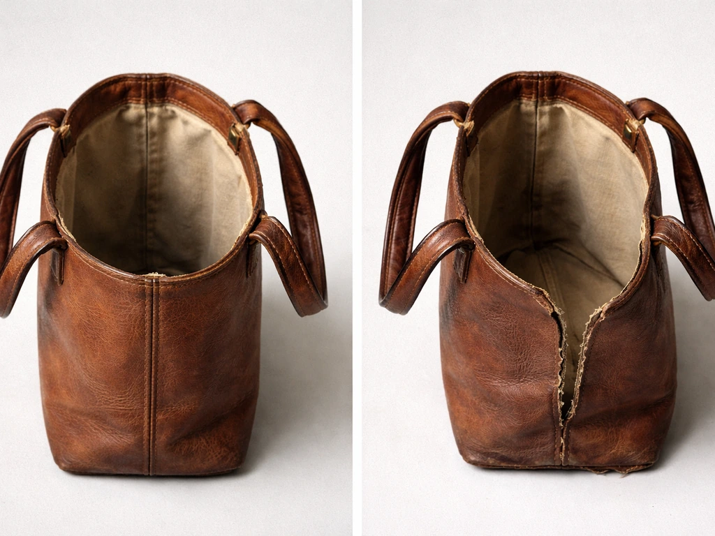 Two simple leather bag cutaways: minor rim/handle wear on one, seam separation/tearing on the other.