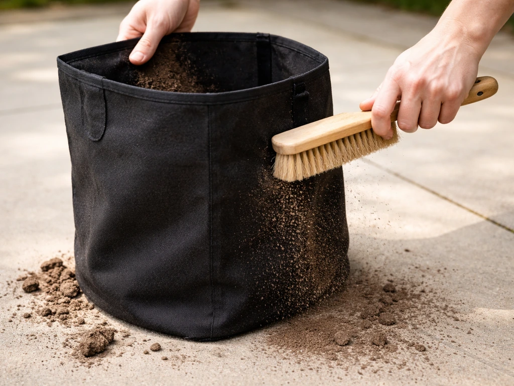 Hands shaking an empty grow bag with a brush removing remaining soil from the outside.