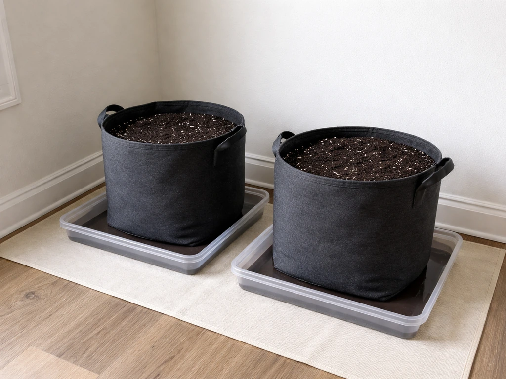 Fabric grow bags set on trays on a protected indoor floor with soil filled and stable.