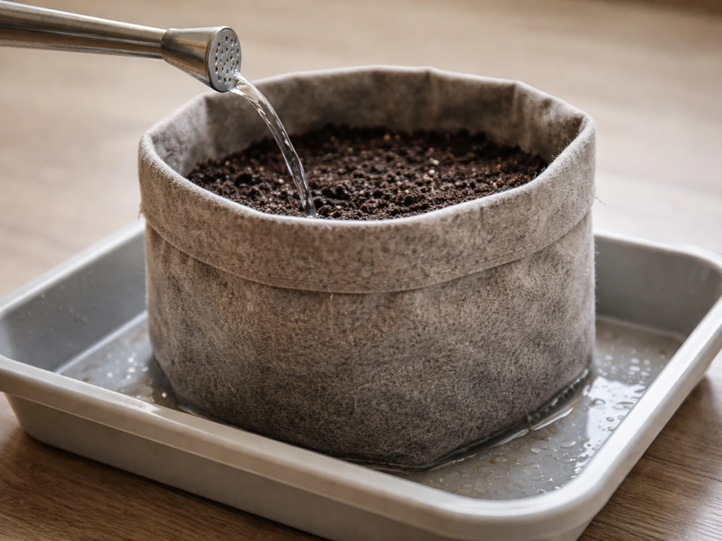 Watering can pouring slowly into a fabric bag as the tray catches drainage indoors, no standing water.
