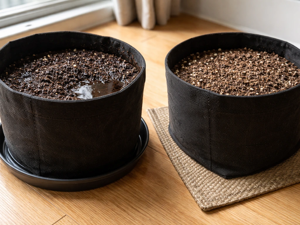 Two nearby grow bags showing wet, soggy media beside a corrected setup with drier soil and better drainage.