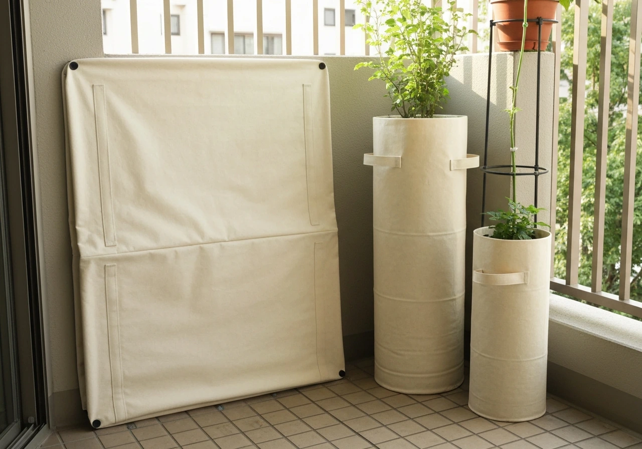 Collapsed fabric grow bag folded flat beside a taller in-use grow bag on a balcony patio.