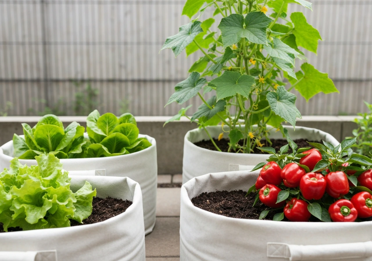 Healthy leafy greens, cucumbers, and bell peppers growing in fabric grow bags in a tidy patio garden.