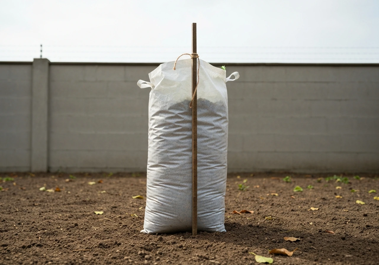 Tall lightweight grow bag secured near a fence in windy weather, showing stability-focused setup.