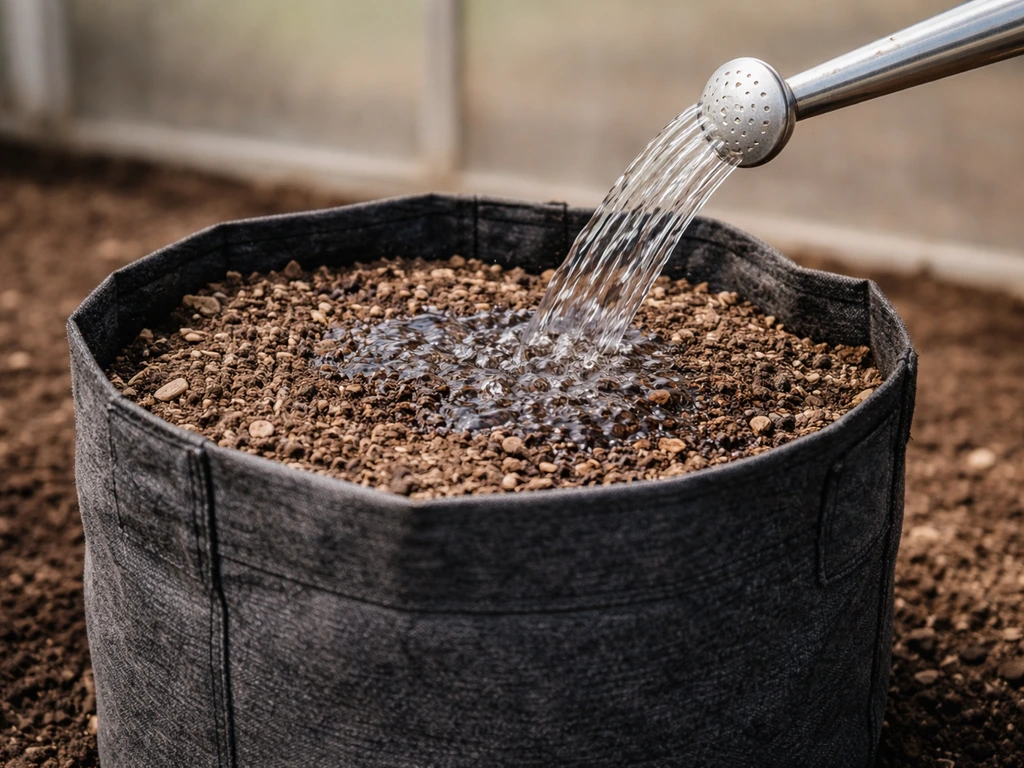 A grow bag with dry potting mix as a watering can pours, showing fast drying.
