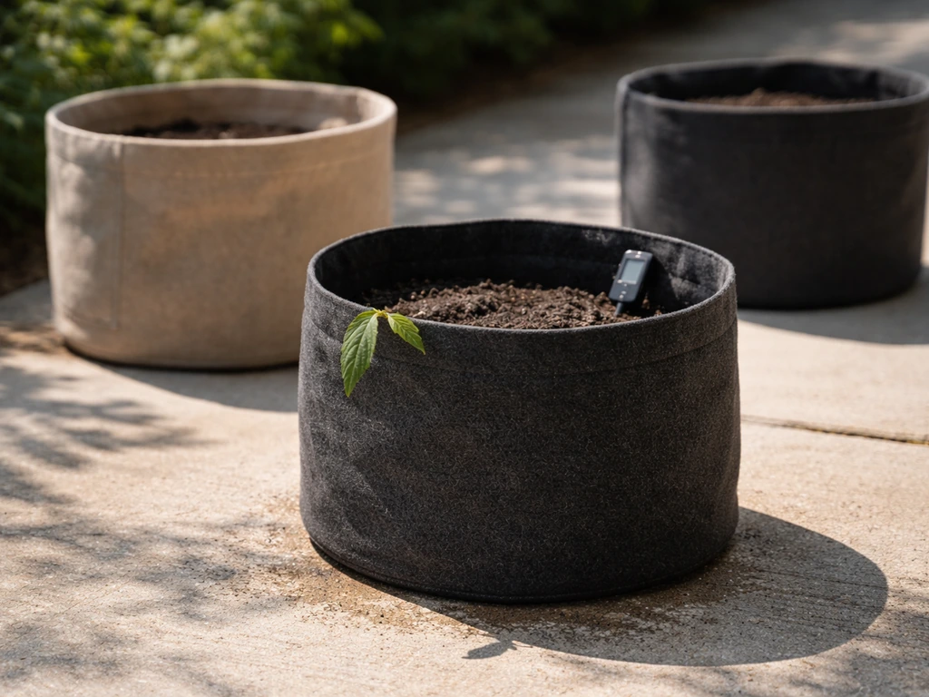 Dark grow bag baking in sun beside a lighter bag in partial shade, with a thermometer probe nearby.