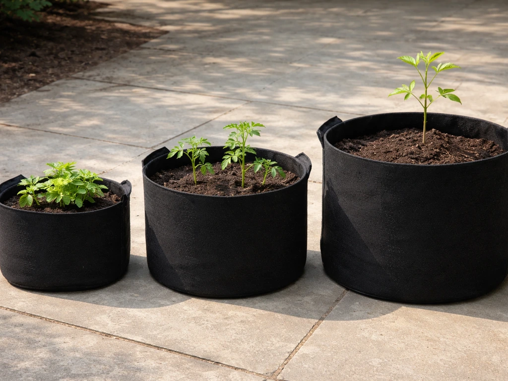 Grow bags of different sizes arranged neatly on a patio, ready for herbs, vegetables, and trees
