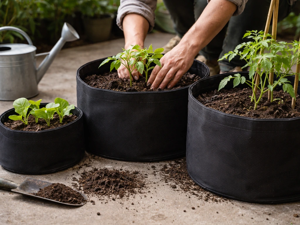 Three fabric grow bags in small, medium, and large sizes with seedlings being planted by hand.