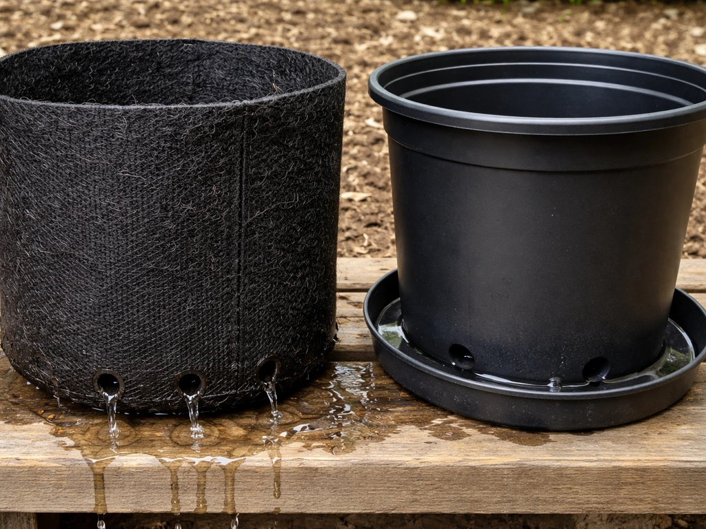 Close-up comparison of a fabric grow bag and a hard-sided pot showing porous texture and visible drainage holes.