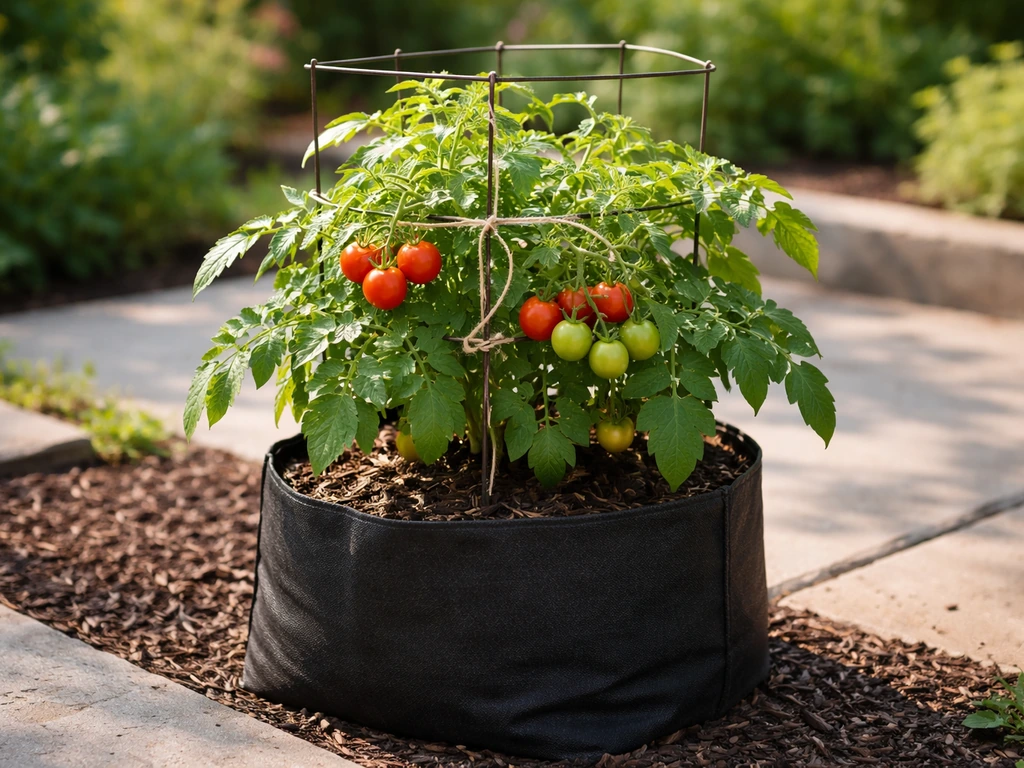 Bush tomato plant thriving in a black grow bag with trellis support and mulch topping visible.