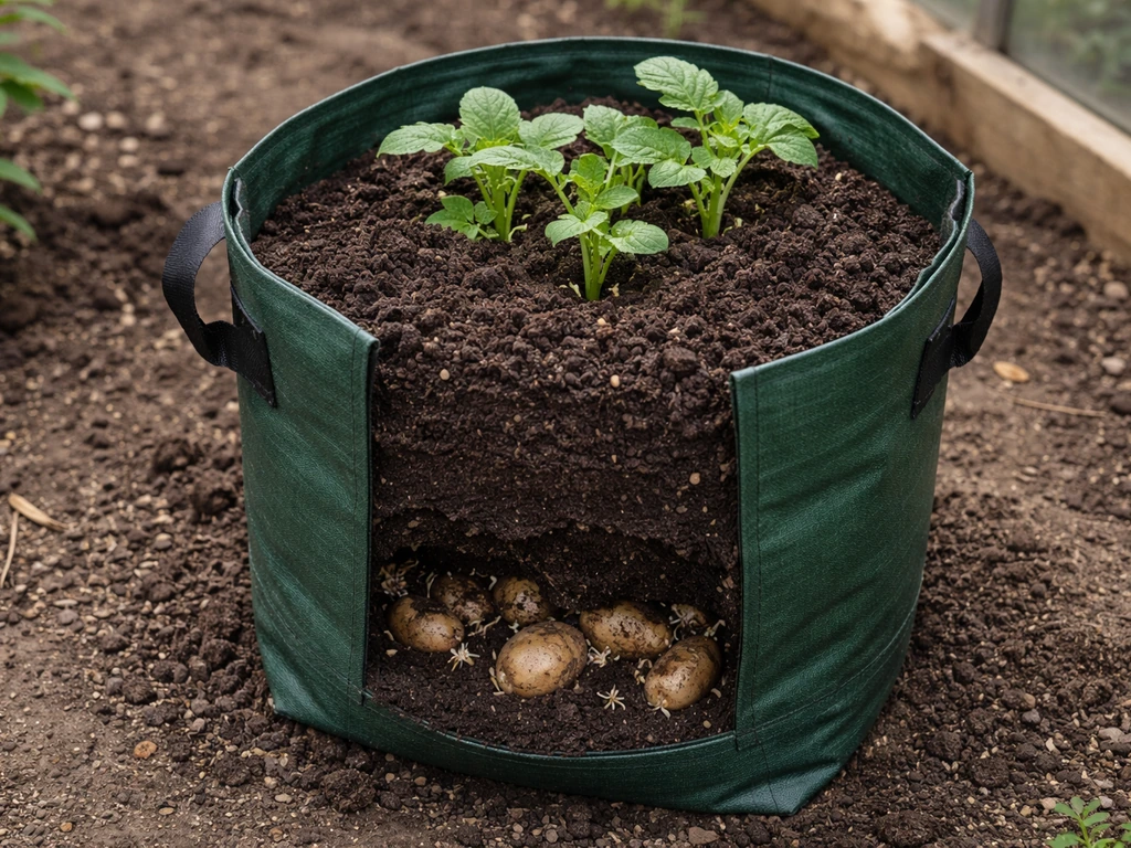 Potato grow-bag with seed potatoes at the bottom, emerging vines, and soil added for hilling.