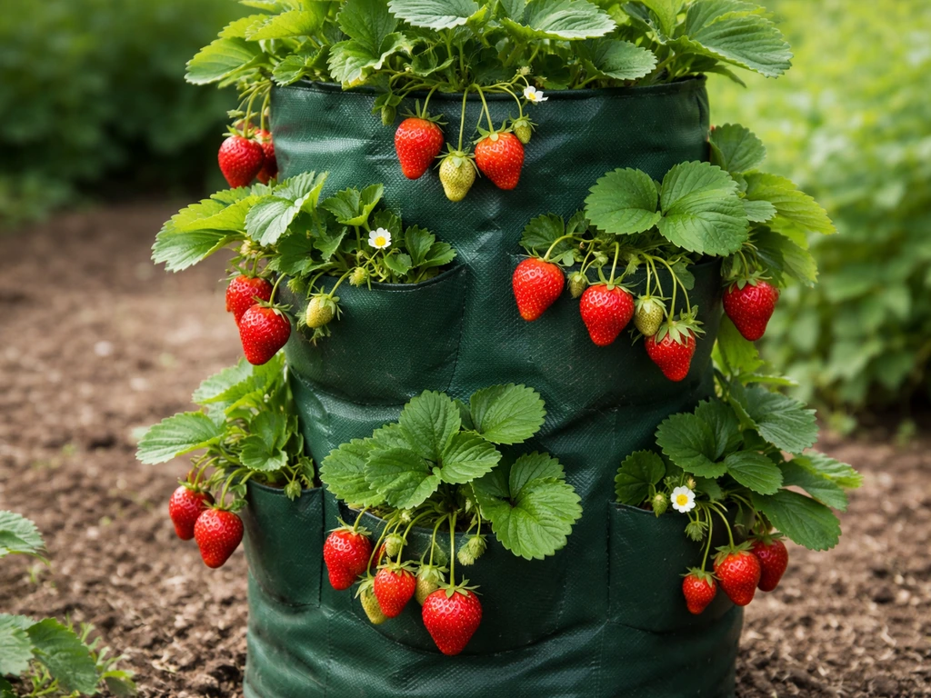 Stacked strawberry grow-bag with ripe red berries and cascading green foliage in natural light.
