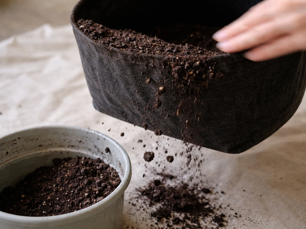 Close-up grow bag with loose soil shaken out onto a tarp, before any washing
