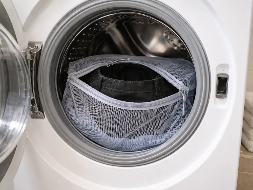 A grow bag being placed into a washing machine inside a mesh laundry bag for gentle cold washing.